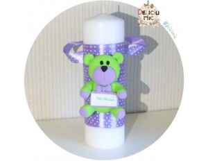 Lumanare Pitica de botez "Ursulet Verde" - personalizata cu numele bebelusului